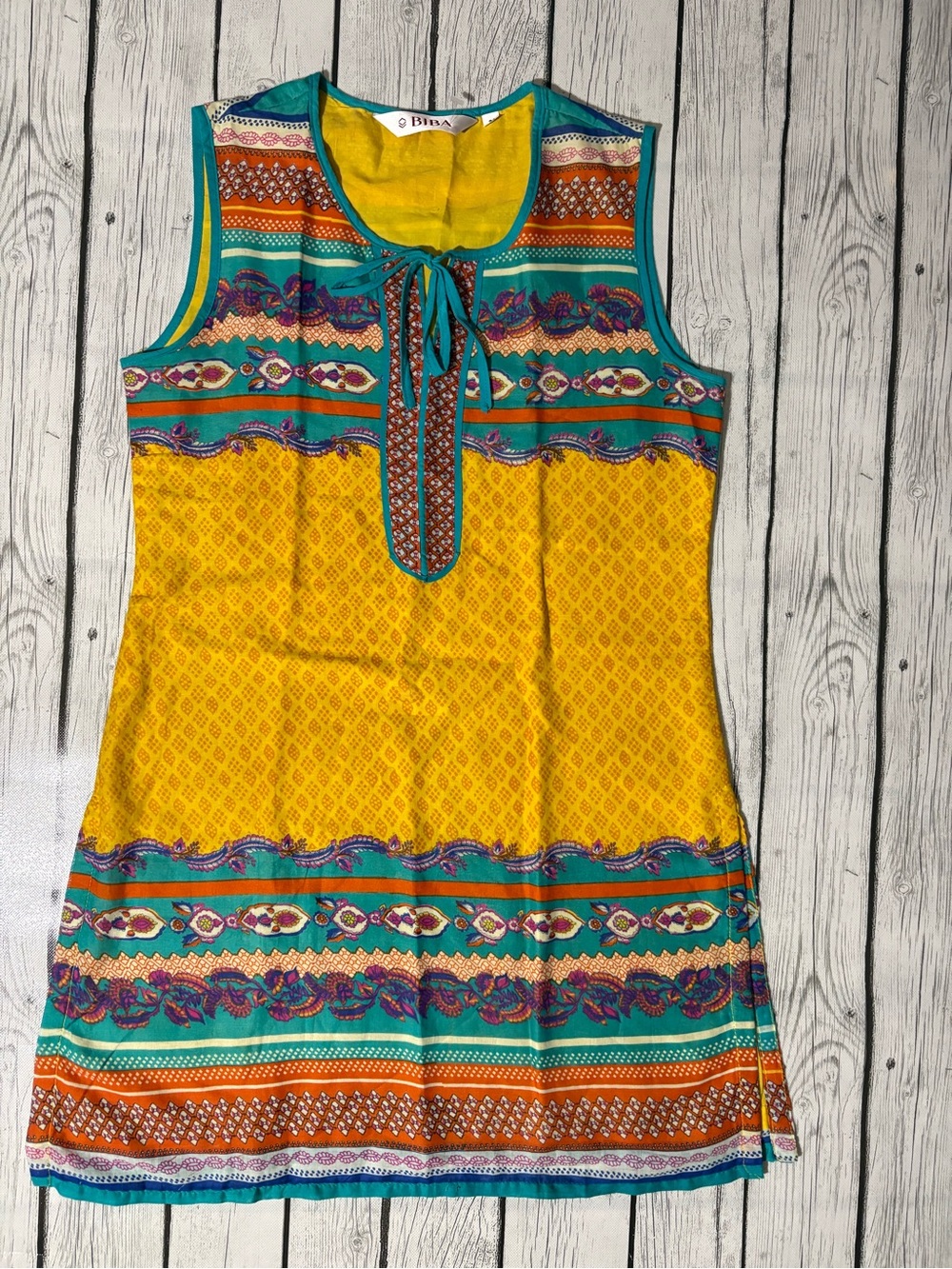 Biba Yellow & Teal Printed Sleeveless Tunic Dress sz 34